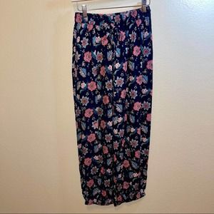 NWT RAGA Navy & Pink Floral Boho Palazzo Elastic Waist Pant Small